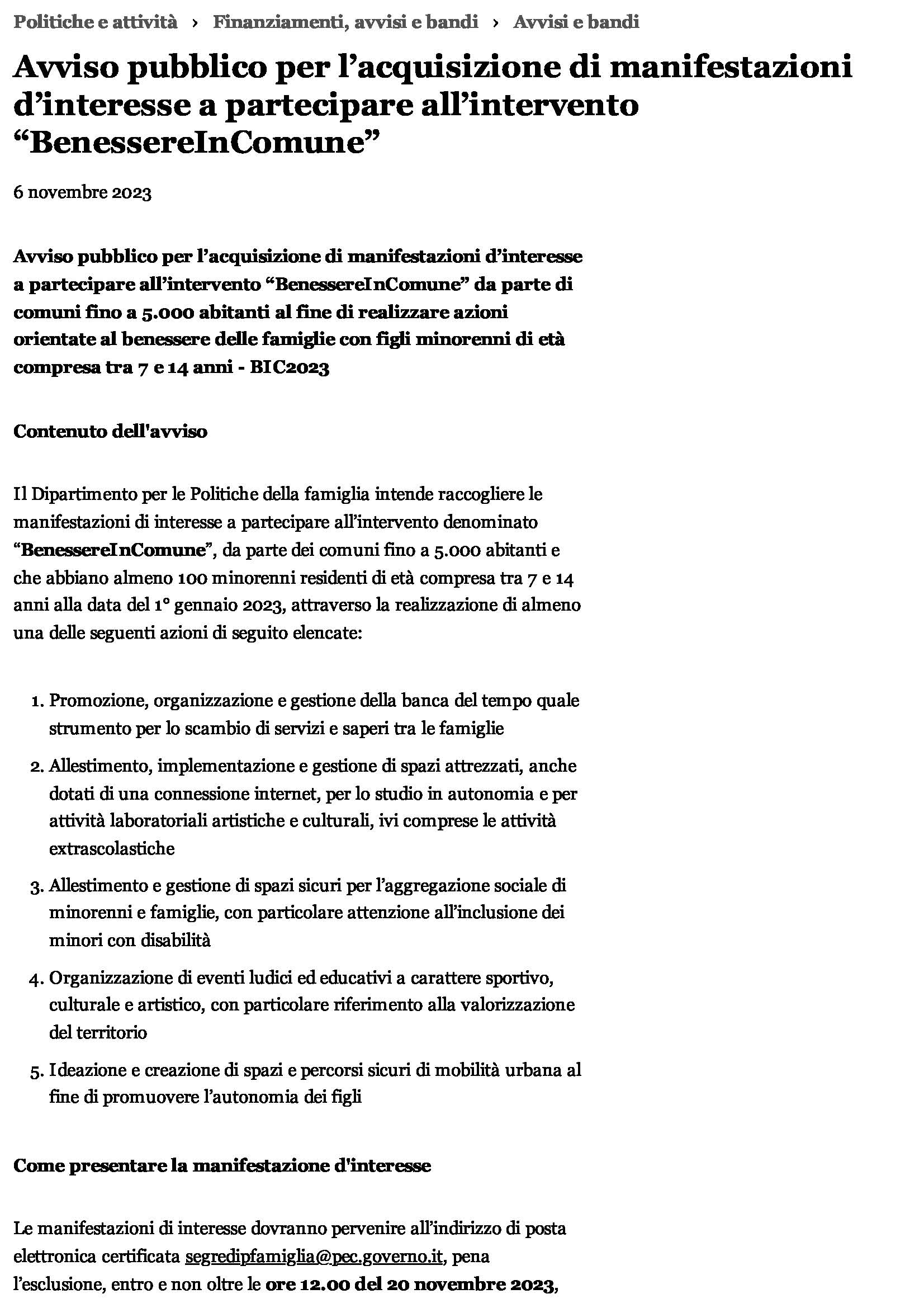 Dipartimento per le politiche della famare allintervento BenessereInComune Pagina 1